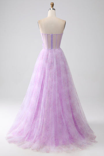 Lavanda stampato senza spalline Corsetto vestito da ballo con perline